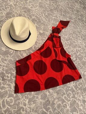 FARM Rio Red and Burgundy One-Shoulder Polka Top